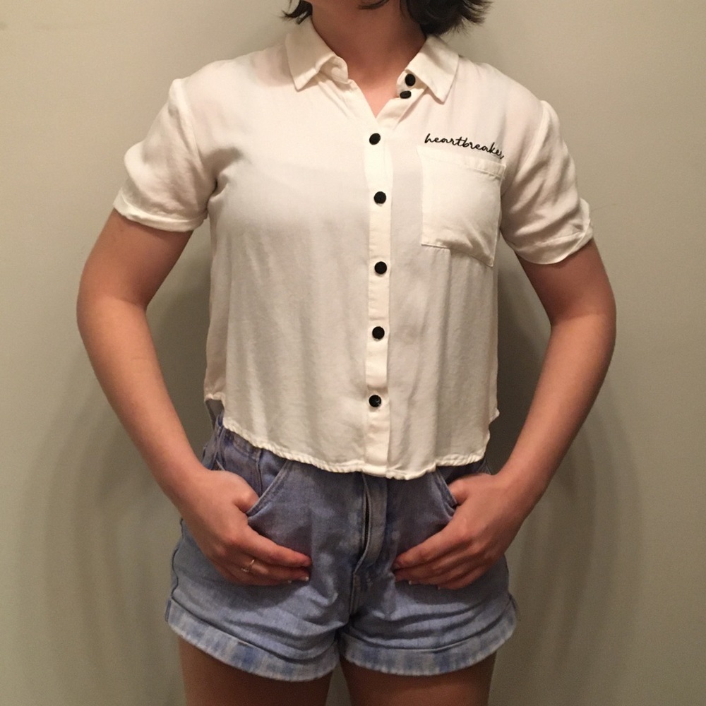 Embroidered Heartbreaker Cropped Button Up Blouse